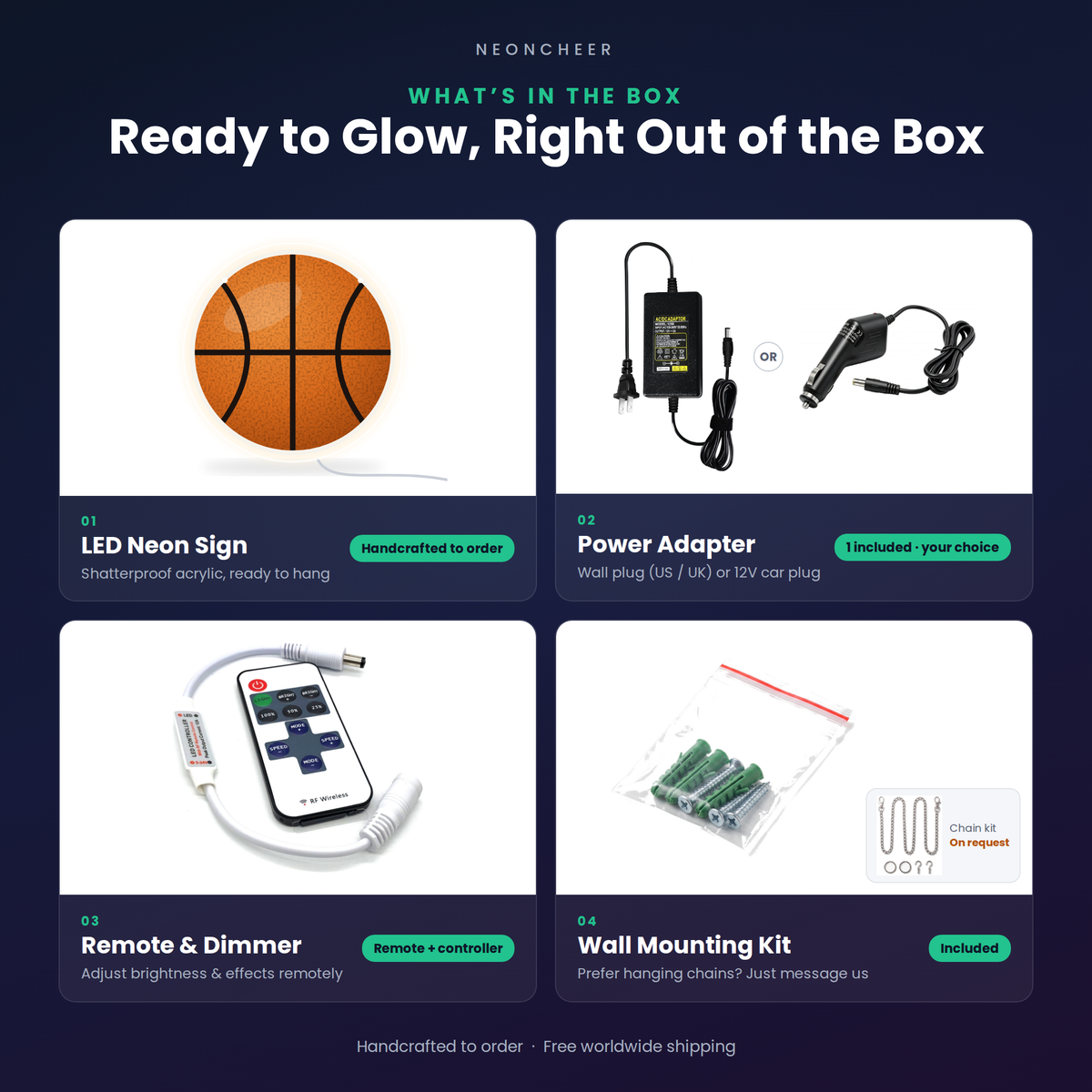 What's in the box: LED neon sign, power adapter, remote and dimmer, and wall mounting kit