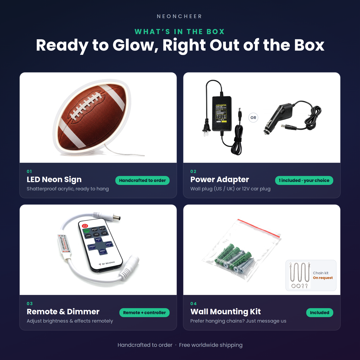 What's in the box: LED neon sign, power adapter, remote and dimmer, and wall mounting kit