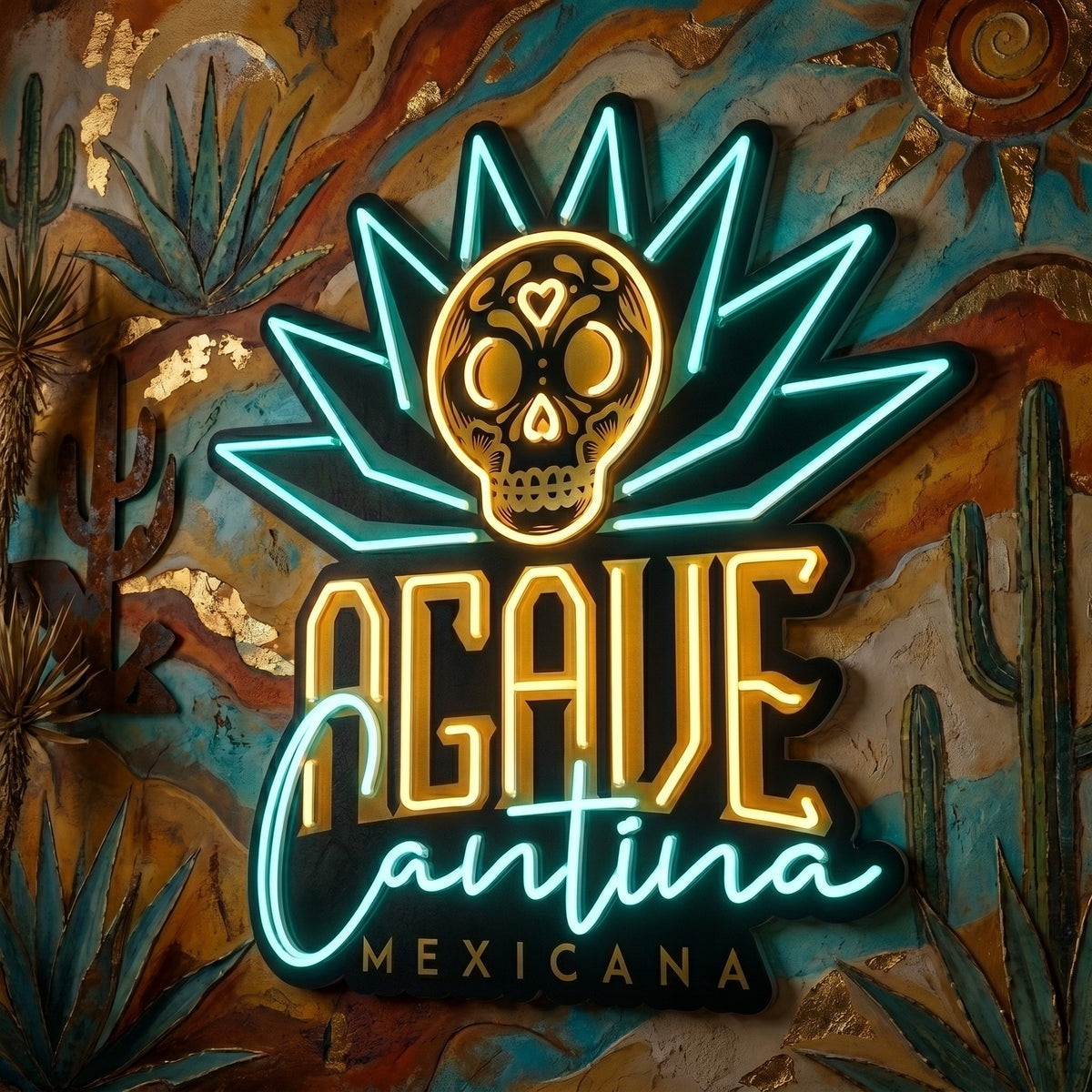 A vibrant Agave Cantina Mexicana restaurant LED neon sign mounted on a textured southwestern wall featuring a glowing yellow Mexican sugar skull, turquoise agave plant silhouette, and stylized warm yellow and teal blue typography