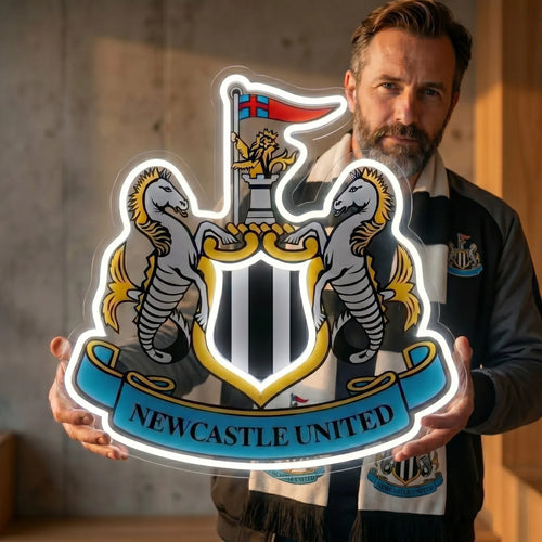Newcastle United FC LED Neon Sign lighted up on a wall for room decor