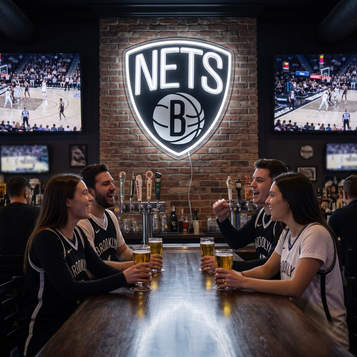 Brooklyn Nets LED neon sign on a brick wall in a sports bar with fans watching the game