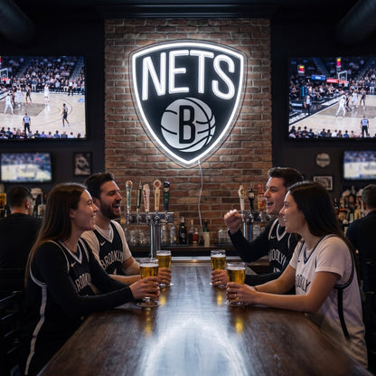 Brooklyn Nets LED neon sign on a brick wall in a sports bar with fans watching the game