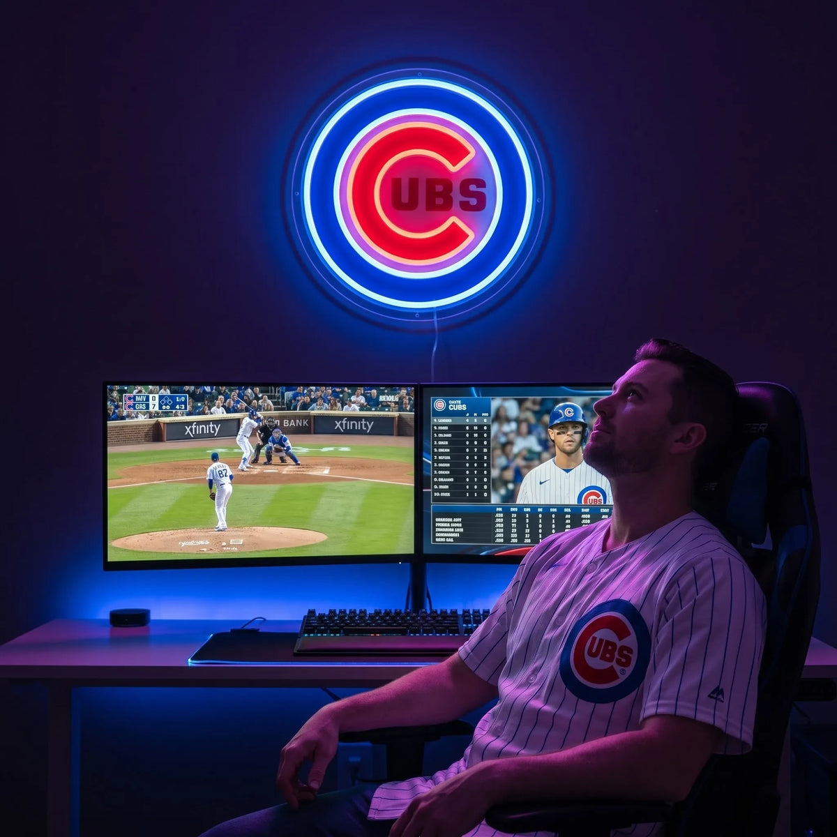 Chicago Cubs LED neon sign - A fan in a Cubs jersey watches baseball on dual monitors beneath a glowing red and blue Chicago Cubs logo neon sign.