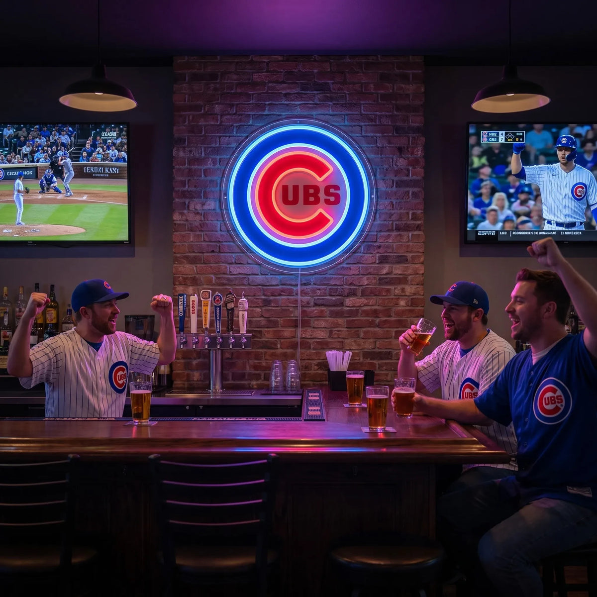 Chicago Cubs LED neon sign - Friends in Cubs jerseys cheer at a sports bar under a round Chicago Cubs logo neon sign on a brick wall.