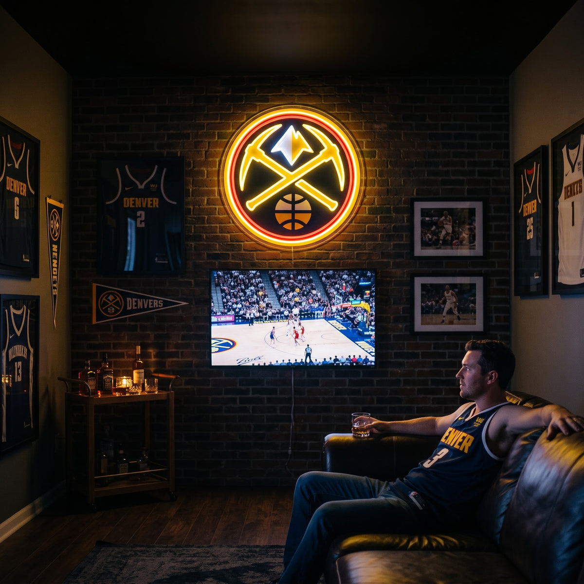 Denver Nuggets LED neon sign glowing above the TV in a basketball man cave