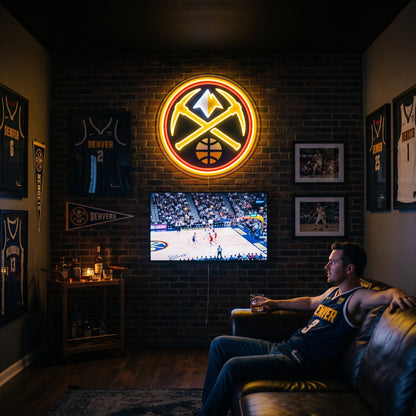 Denver Nuggets LED neon sign glowing above the TV in a basketball man cave