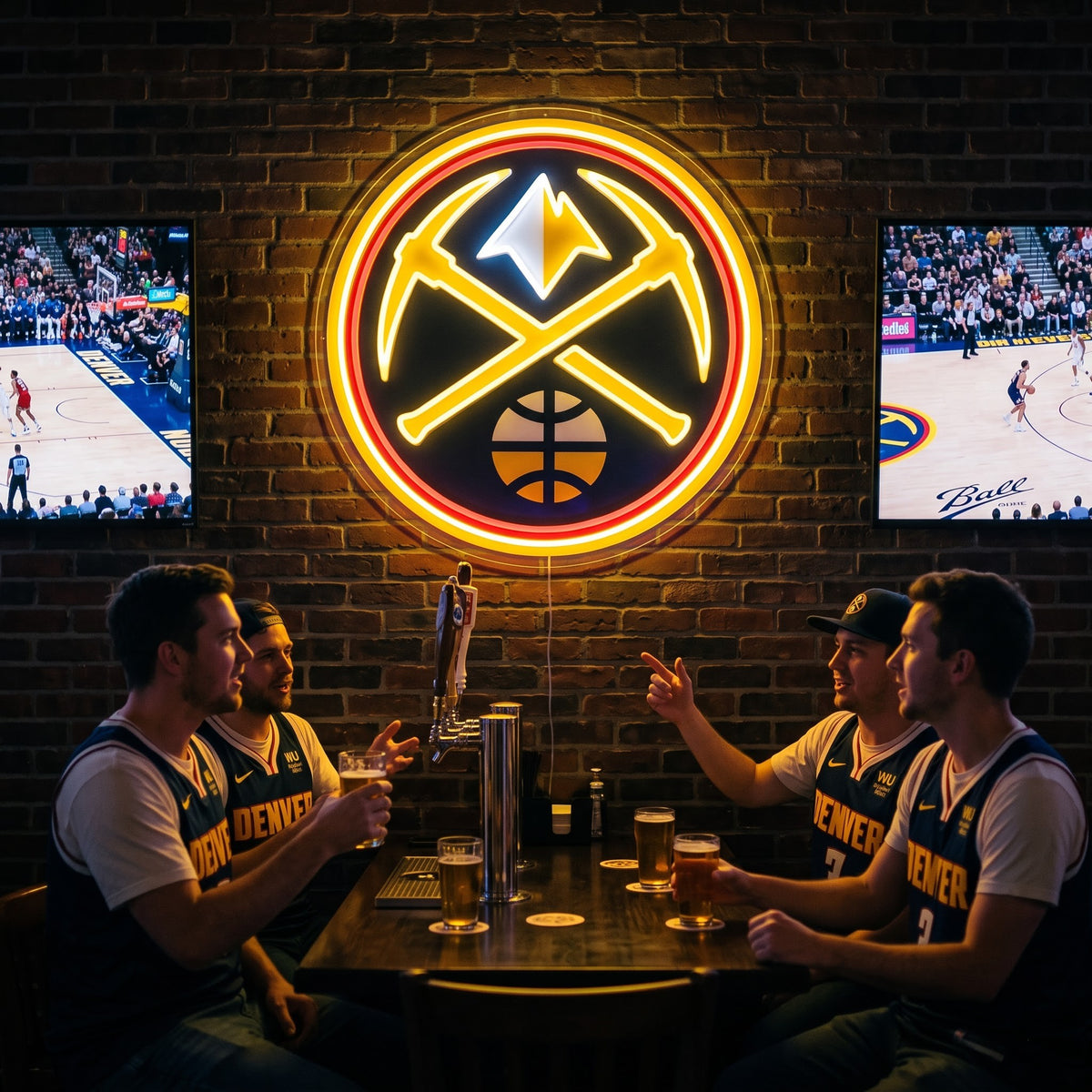 Denver Nuggets LED neon sign on a brick wall in a sports bar with fans watching the game
