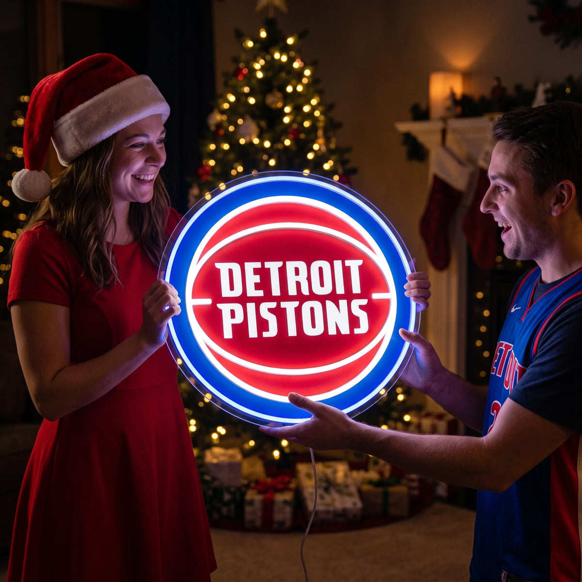 Couple exchanging a Detroit Pistons LED neon sign as a Christmas gift by the tree