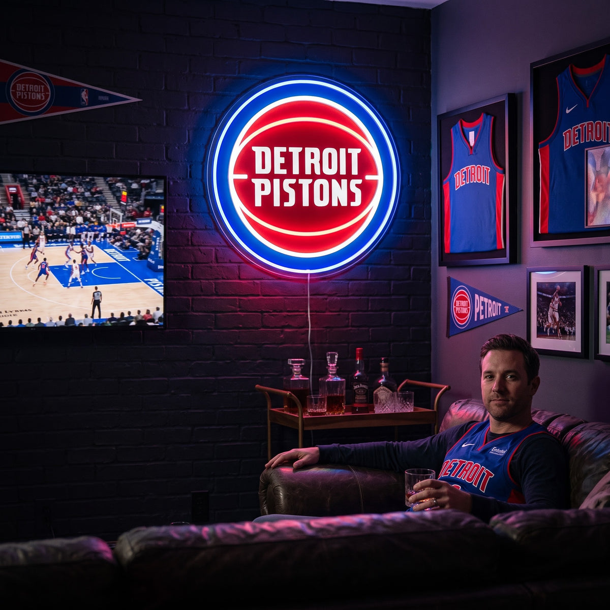 Detroit Pistons LED neon sign glowing above the TV in a basketball man cave