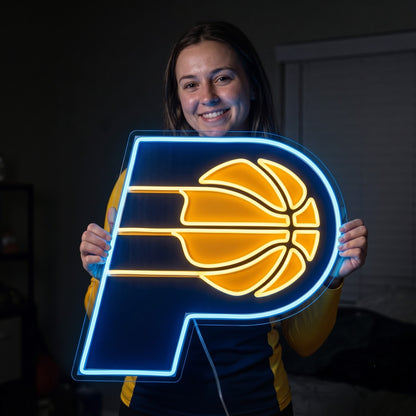 Woman holding a glowing Indiana Pacers LED neon sign
