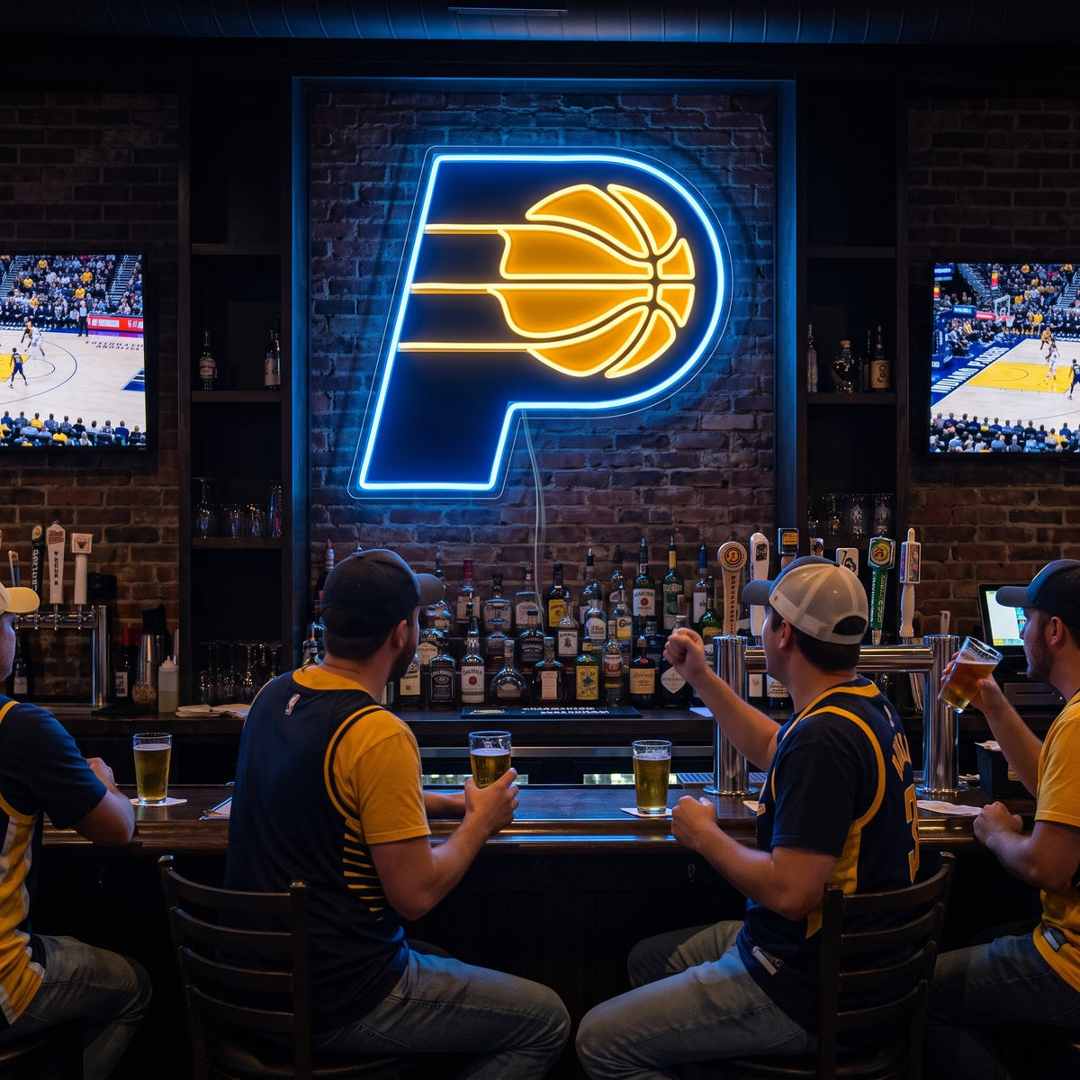 Indiana Pacers LED neon sign on a brick wall in a sports bar with fans watching the game