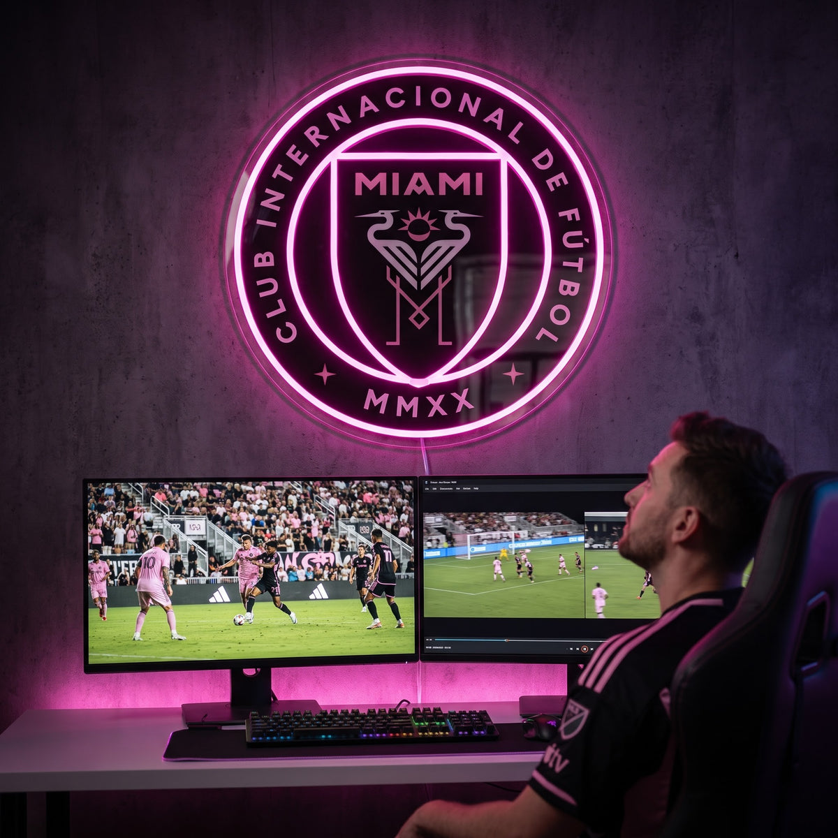 Inter Miami CF LED neon sign above a gaming setup with a fan watching soccer