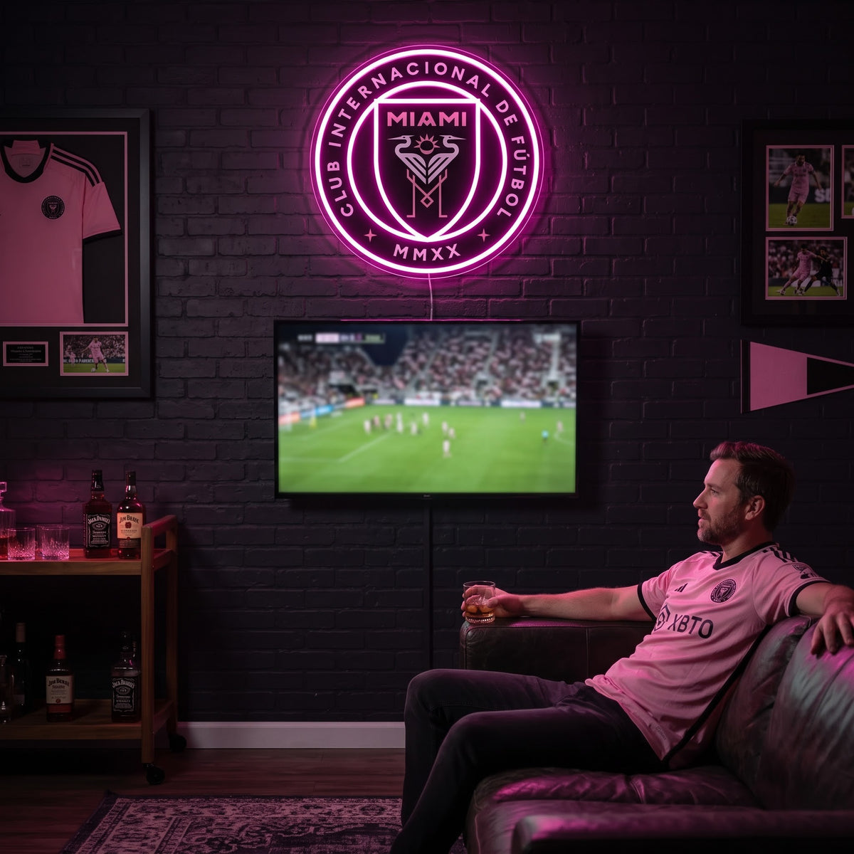 Inter Miami CF LED neon sign glowing above the TV in a soccer man cave