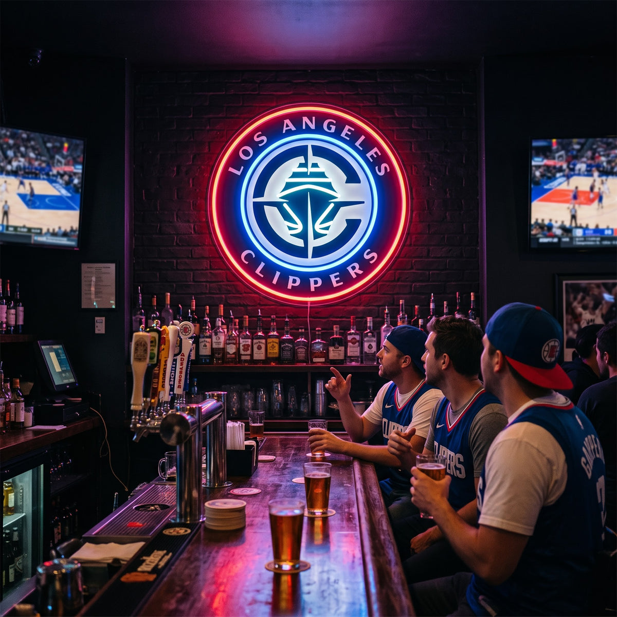 Los Angeles Clippers LED neon sign on a brick wall in a sports bar with fans watching the game