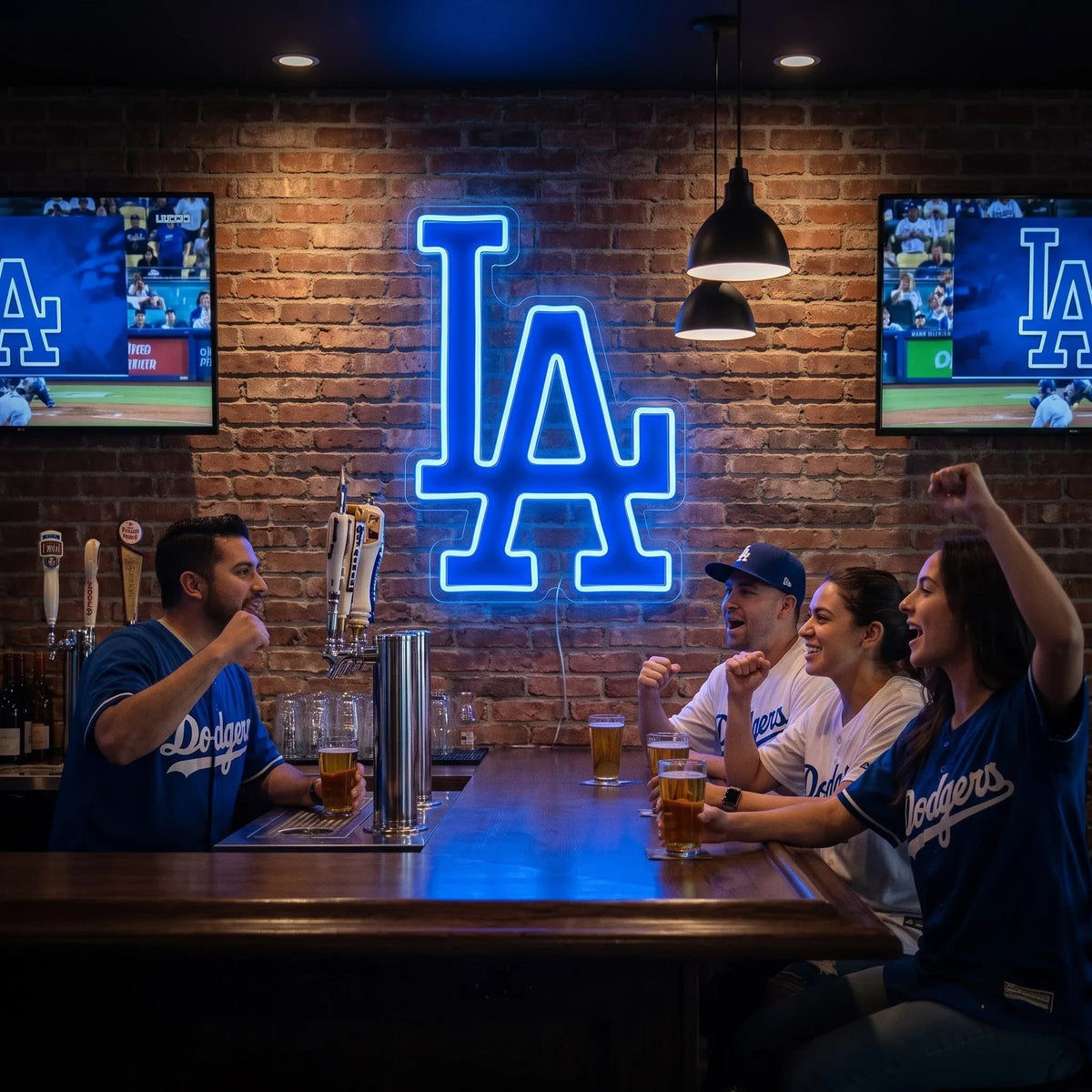Los Angeles Dodgers LED neon sign - Fans in Dodgers jerseys cheer with beers at a sports bar under a blue LA Dodgers logo neon sign on a brick wall.