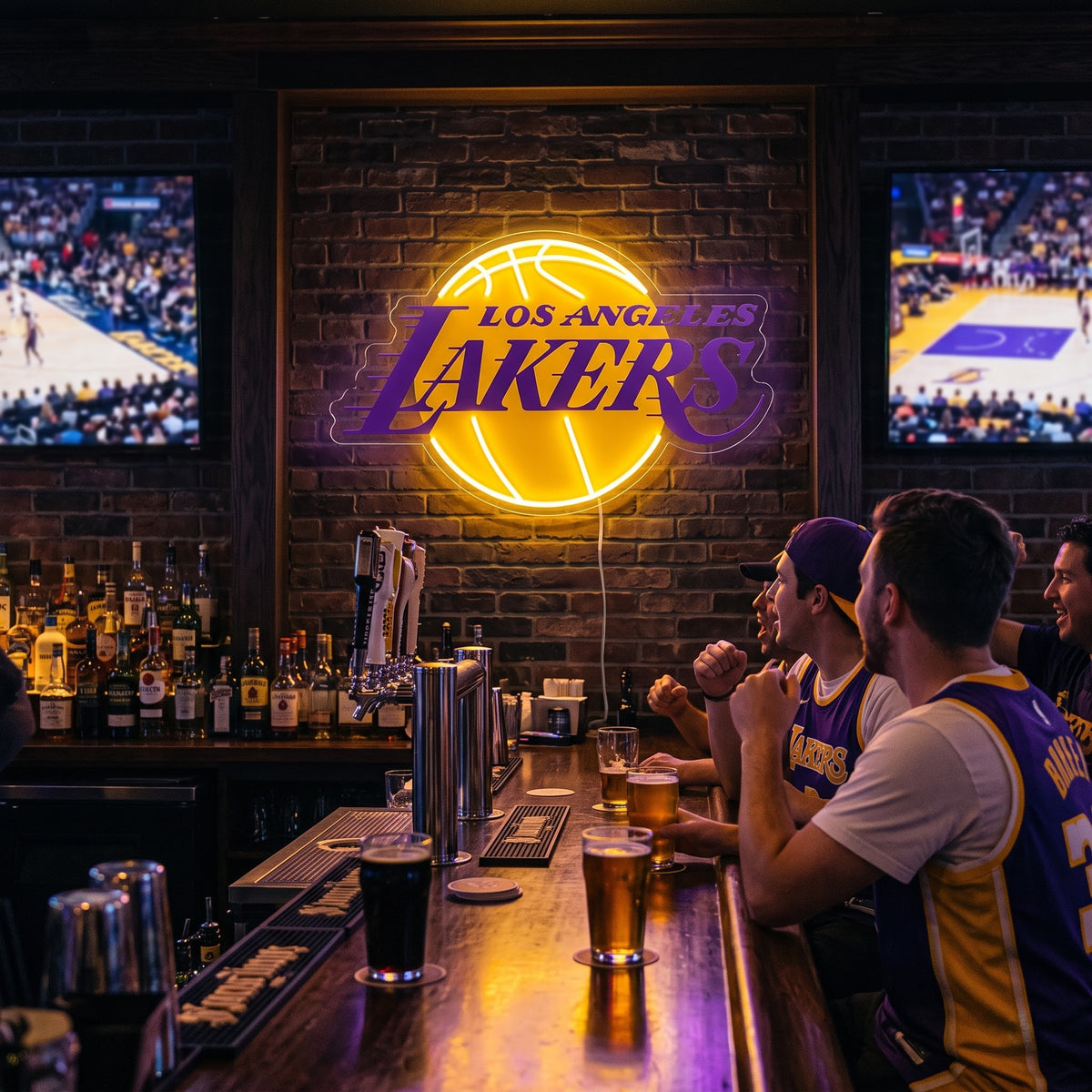 Los Angeles Lakers LED neon sign on a brick wall in a sports bar with fans watching the game