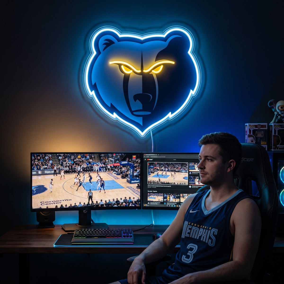 Memphis Grizzlies LED neon sign above a gaming setup with a fan watching basketball