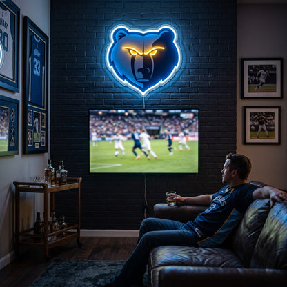 Memphis Grizzlies LED neon sign glowing above the TV in a basketball man cave