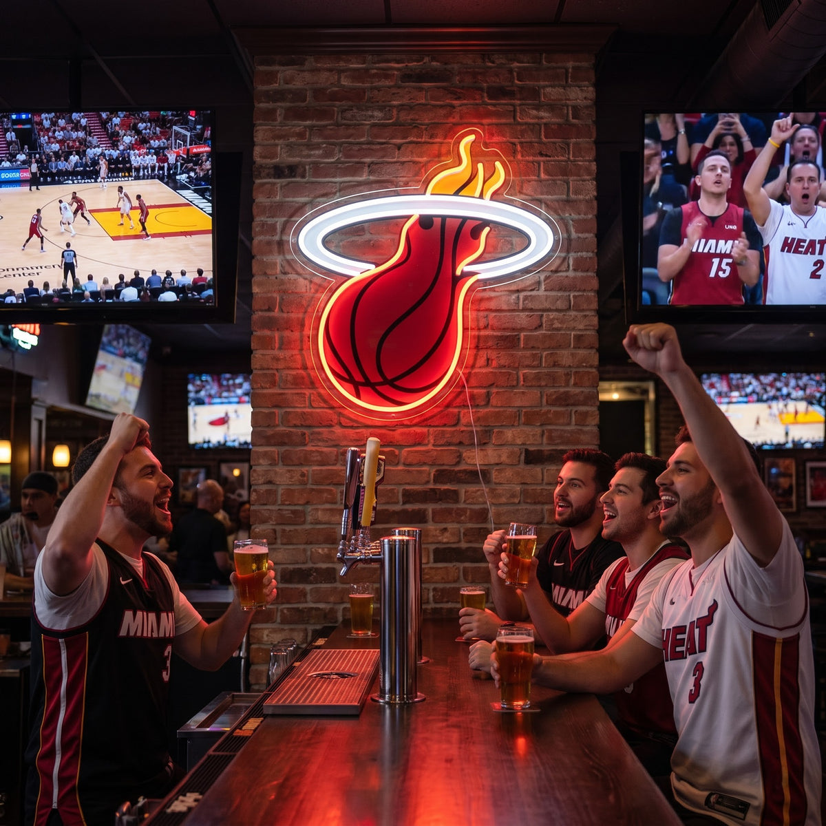 Miami Heat LED neon sign on a brick wall above fans celebrating a basketball game at a sports bar