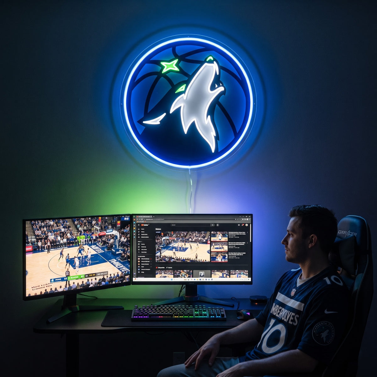 Minnesota Timberwolves LED neon sign above a gaming setup with a fan watching basketball