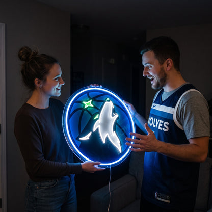 Woman surprising a basketball fan with a glowing Minnesota Timberwolves LED neon sign gift