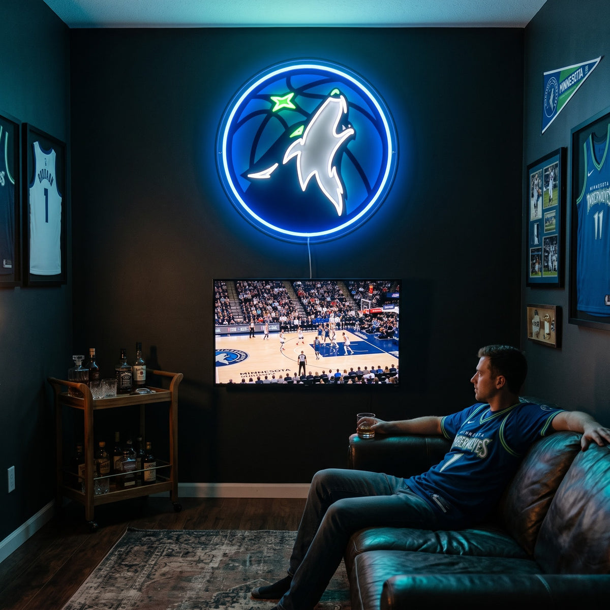 Minnesota Timberwolves LED neon sign glowing above the TV in a basketball man cave