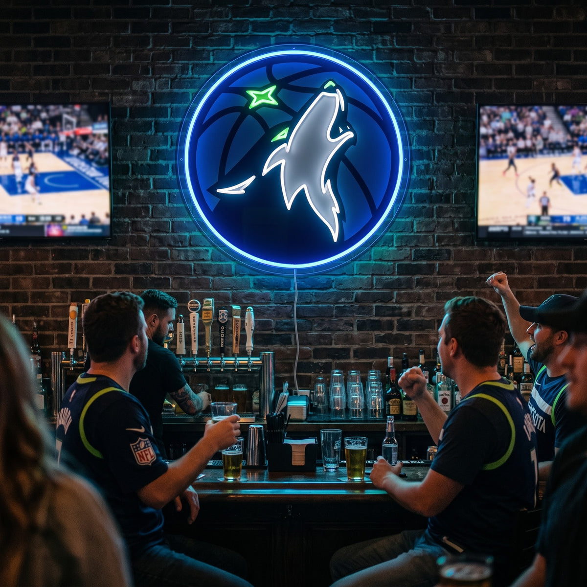 Minnesota Timberwolves LED neon sign on a brick wall in a sports bar with fans watching the game