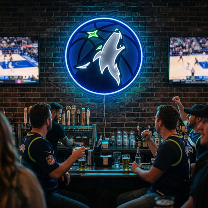 Minnesota Timberwolves LED neon sign on a brick wall in a sports bar with fans watching the game