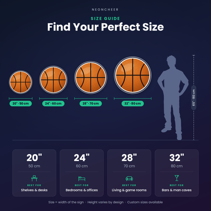 Neon sign size guide: 20, 24, 28 and 32 inch LED neon signs shown next to a 6 ft person for scale