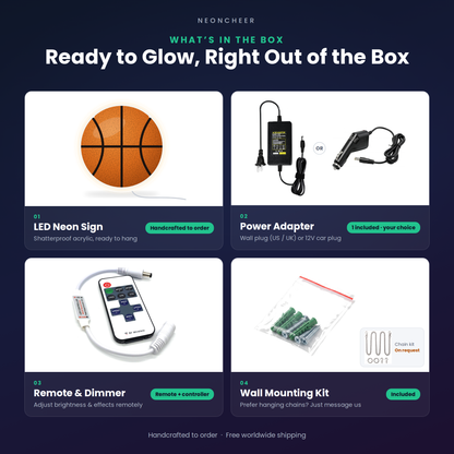 What's in the box: LED neon sign, power adapter, remote and dimmer, and wall mounting kit