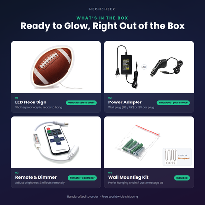 What's in the box: LED neon sign, power adapter, remote and dimmer, and wall mounting kit