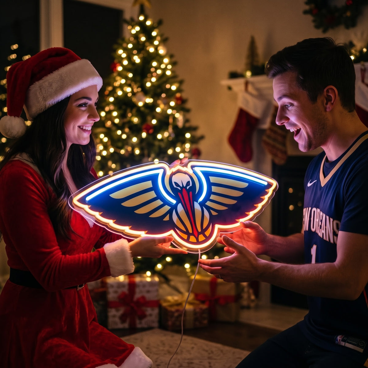 Couple exchanging a New Orleans Pelicans LED neon sign as a Christmas gift by the tree