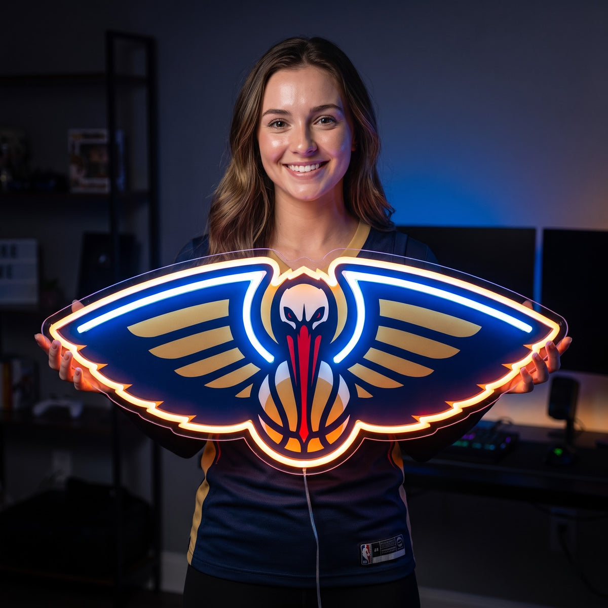 Woman holding a glowing New Orleans Pelicans LED neon sign