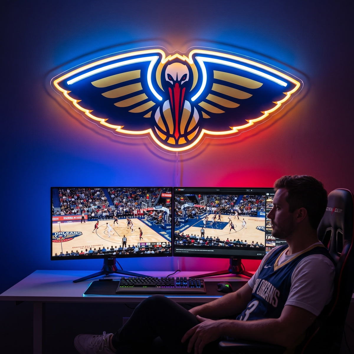 New Orleans Pelicans LED neon sign above a gaming setup with a fan watching basketball