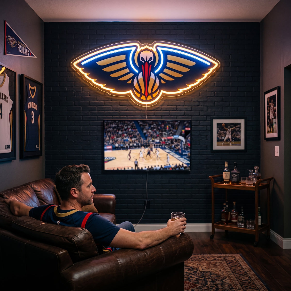 New Orleans Pelicans LED neon sign glowing above the TV in a basketball man cave