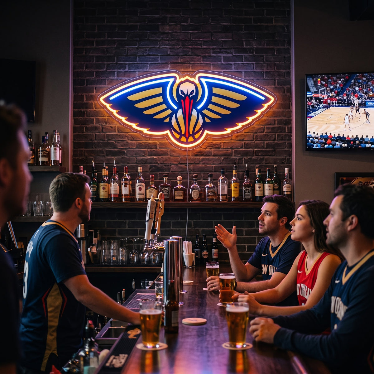 New Orleans Pelicans LED neon sign on a brick wall in a sports bar with fans watching the game