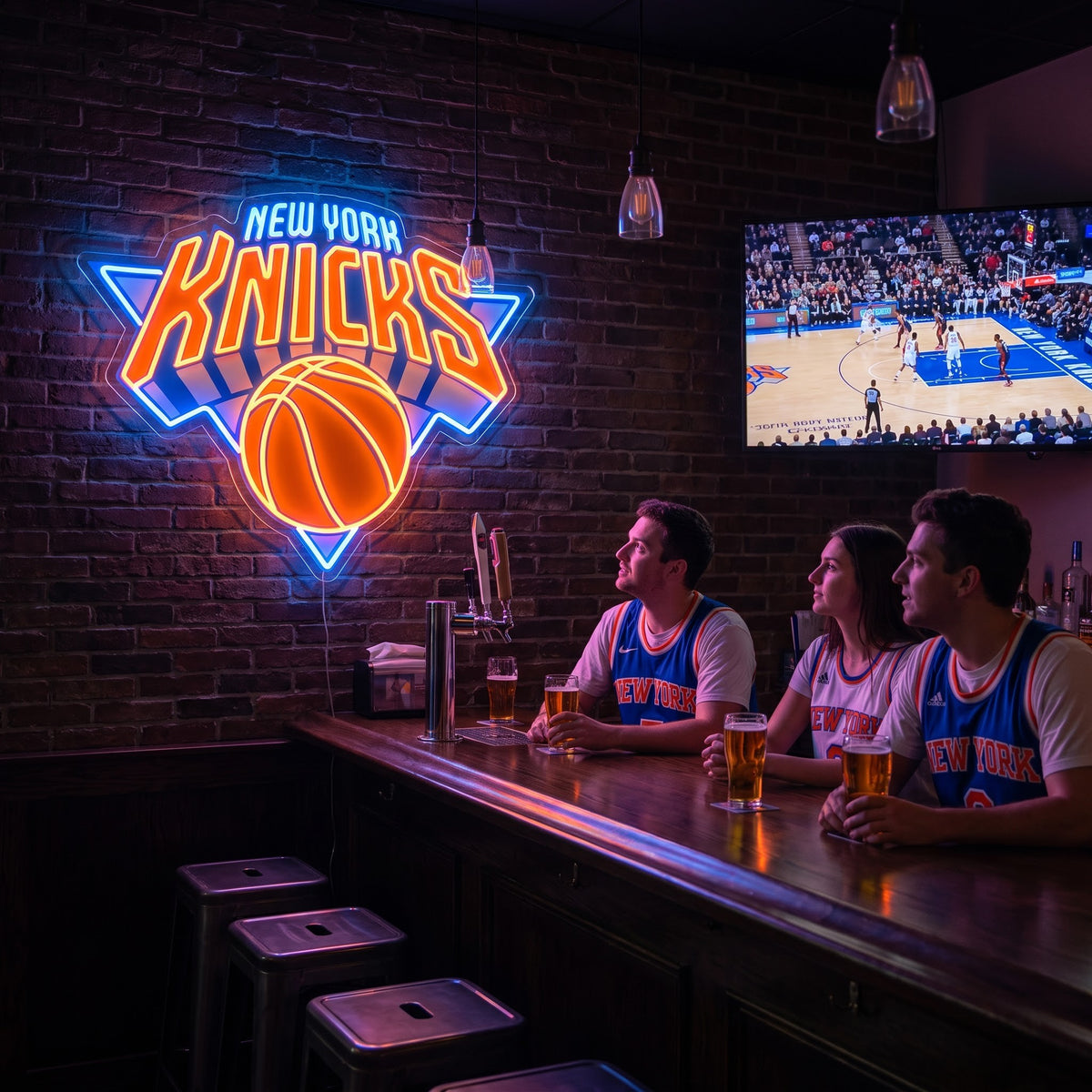 New York Knicks LED neon sign glowing orange and blue on a brick wall beside fans watching basketball at a bar