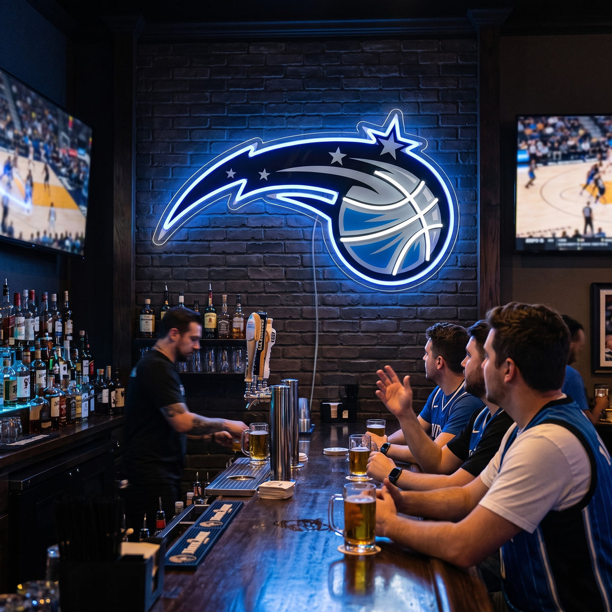 Orlando Magic LED neon sign on a brick wall in a sports bar with fans watching the game