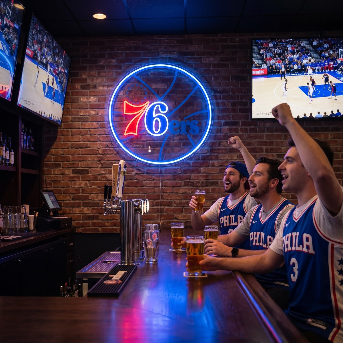 Philadelphia 76ers LED neon sign on a brick wall above three fans cheering at a sports bar with basketball on TV