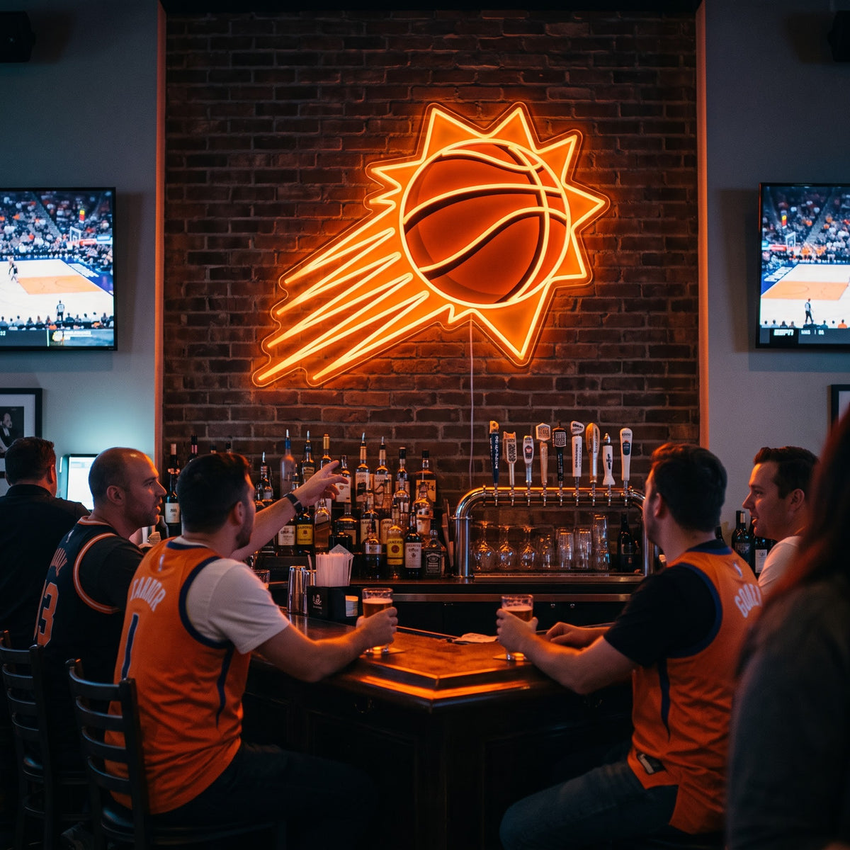 Phoenix Suns LED neon sign on a brick wall in a sports bar with fans watching the game