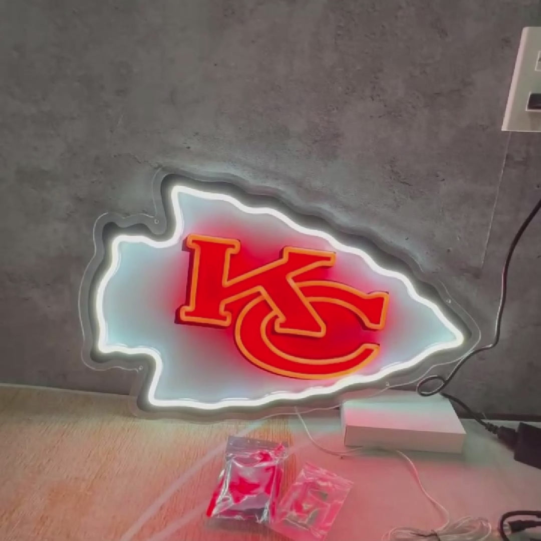 Kansas City Chiefs LED neon sign video - Chiefs arrowhead logo neon light glowing on a wall