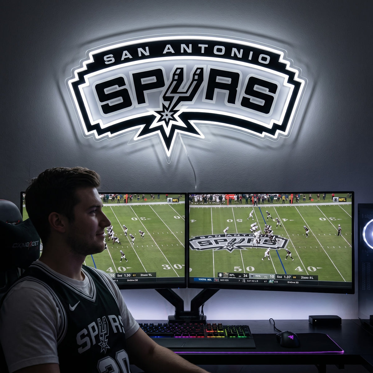 San Antonio Spurs LED neon sign above a gaming setup with a fan watching basketball