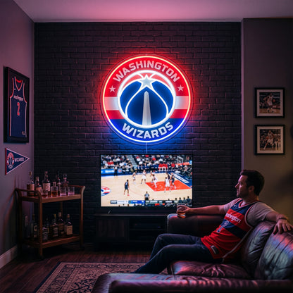 Washington Wizards LED neon sign glowing above the TV in a basketball man cave