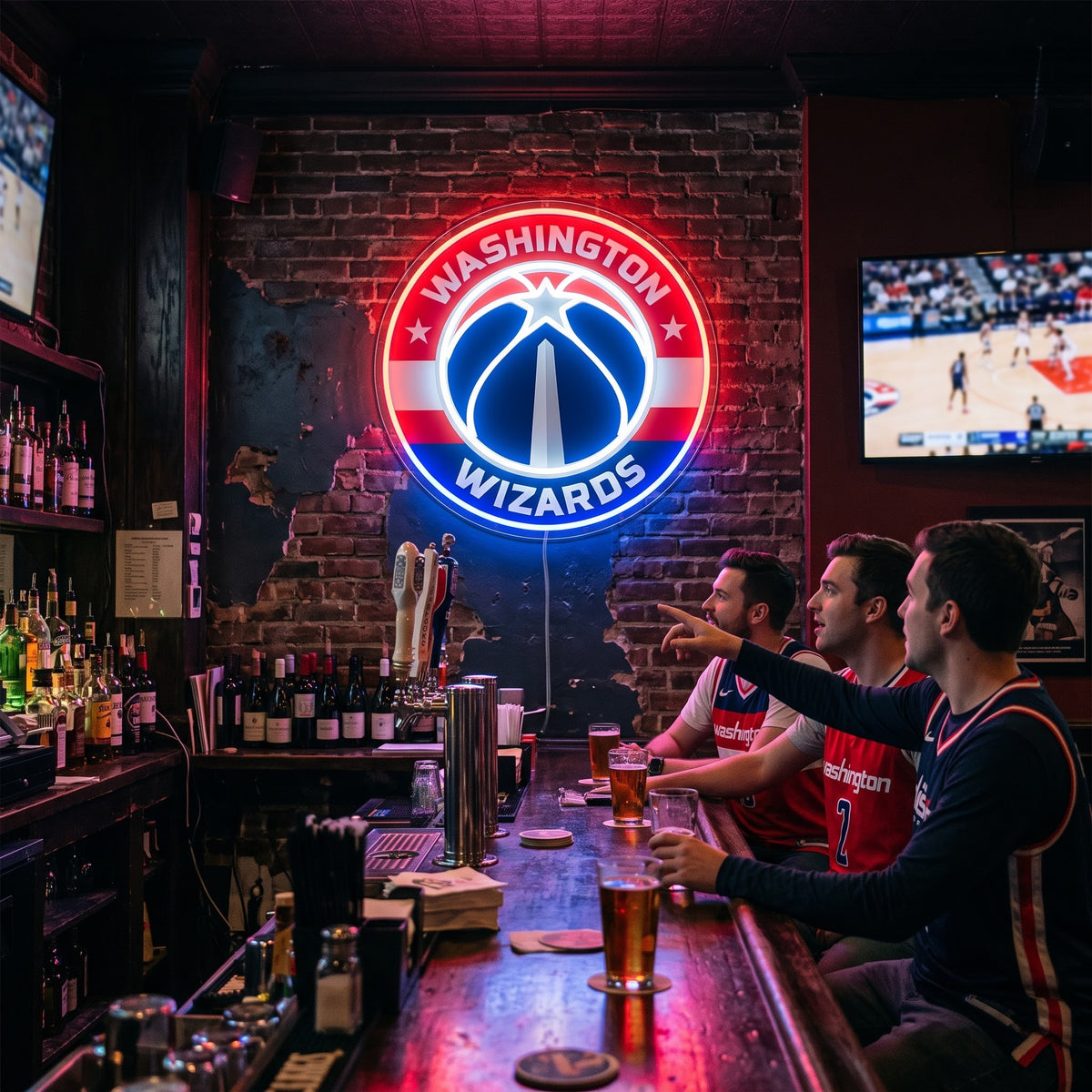 Washington Wizards LED neon sign on a brick wall in a sports bar with fans watching the game